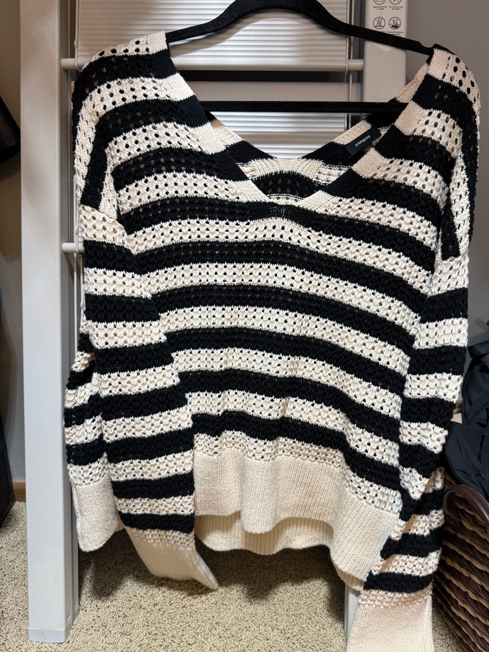 Express Black and Cream Striped V-Neck Sweater